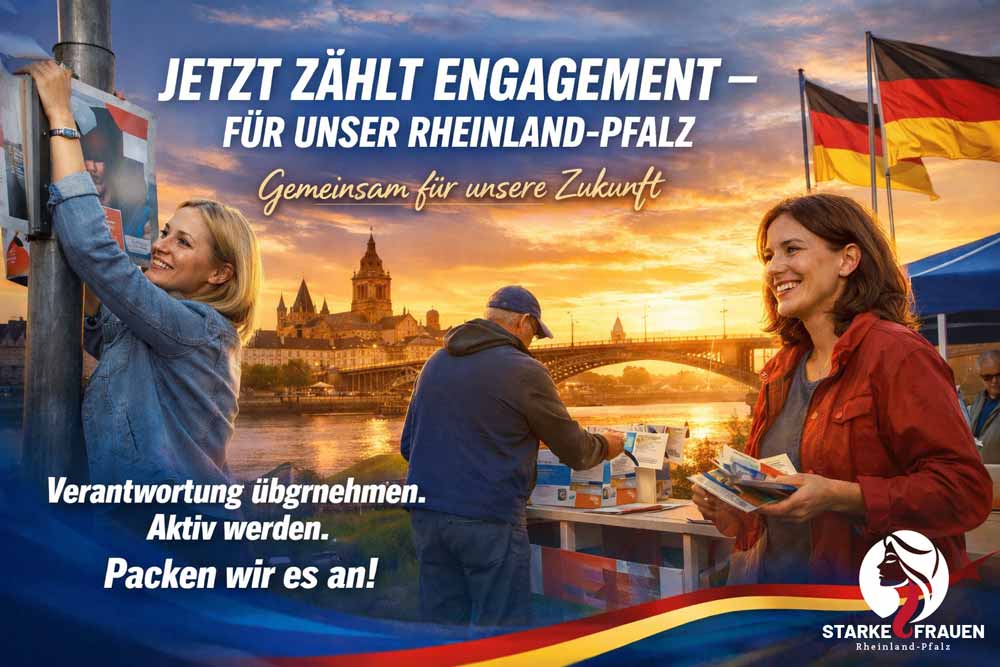 Engagierte Bürgerinnen und Bürger bei einer Wahlkampfaktion in Rheinland-Pfalz: Plakatieren und Infostand am Rheinufer vor der Kulisse von Mainz bei Sonnenuntergang, mit deutscher Flagge und aktiver Gesprächssituation.